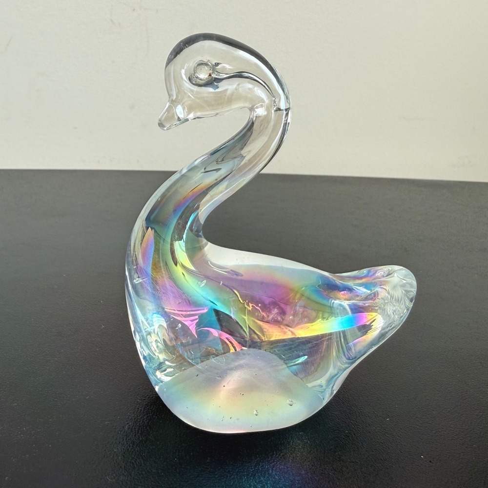 Glass Swan Figurine Small Clear Iridescent Art Glass Paperweight